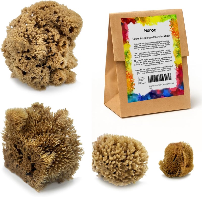 Naroa Artist Natural Sea Sponges for Painting 4 Pack | Unique Tool Set Unbleached | Great for Artists & Children | Acrylic, Watercolor, Marbling, Texturing, Pottery, Ceramics - Image 1